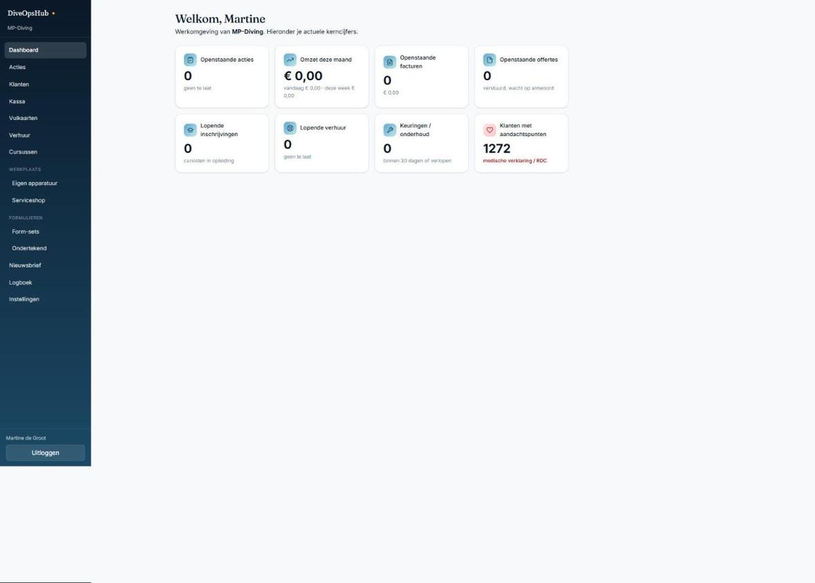 Dashboard van DiveOpsHub